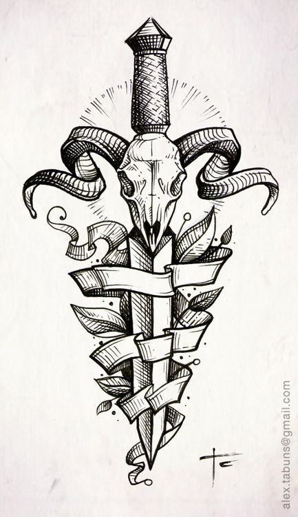 Black Ink Goat Skull Dagger With Ribbon Tattoo Design