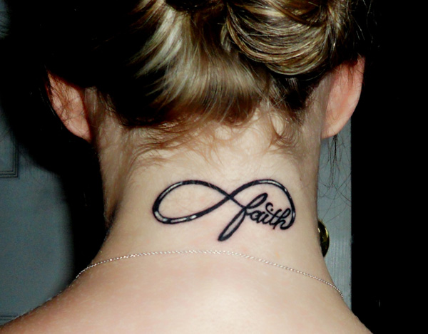 Black Ink Infinity With Faith Tattoo On Women Back Neck