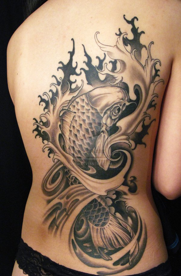 Black Ink Koi Fish Tattoo On Girl Back