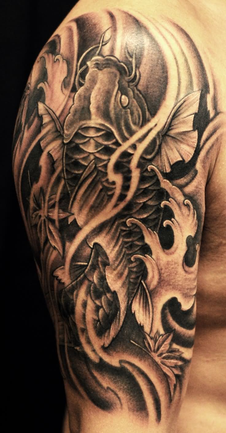 Black Ink Koi Fish Tattoo On Right Half Sleeve
