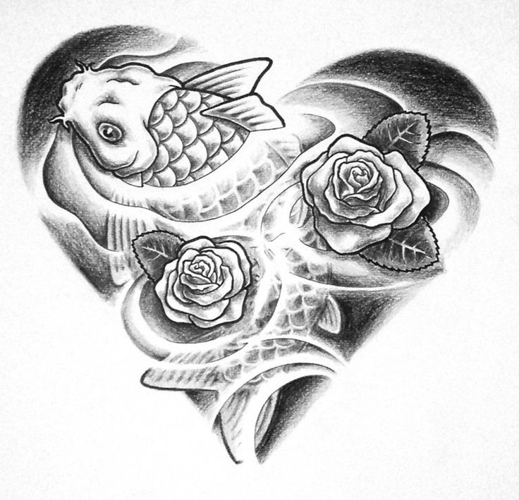 Black Ink Koi Fish With Roses Tattoo Design