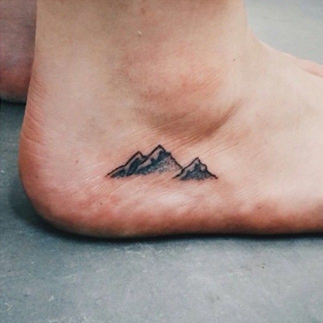 Black Ink Mountains Tattoo On Right Ankle
