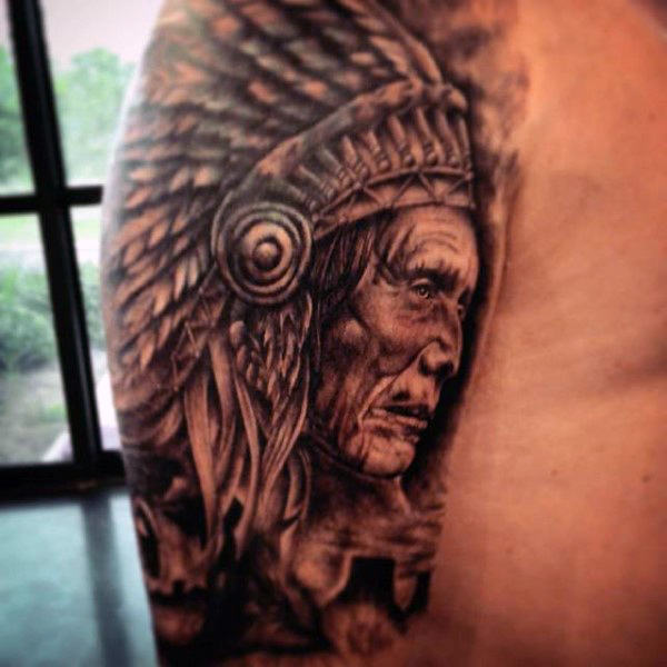Black Ink Native American Man Head Tattoo On Right Half Sleeve