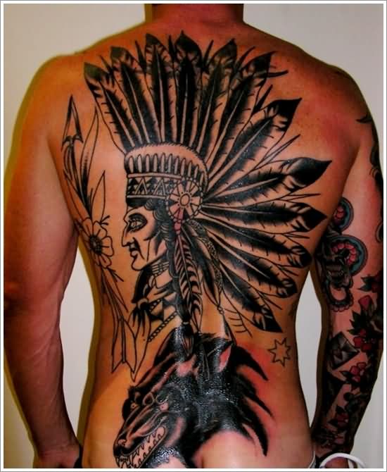 Black Ink Native American Man Tattoo Head Tattoo On Man Upper Back