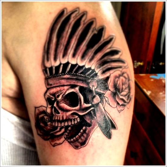 Black Ink Native American Skull With Roses Tattoo On Left Half Sleeve