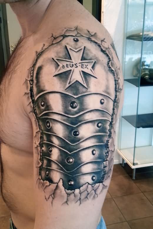 Black Ink Ripped Skin Armor Tattoo On Man Left Half Sleeve