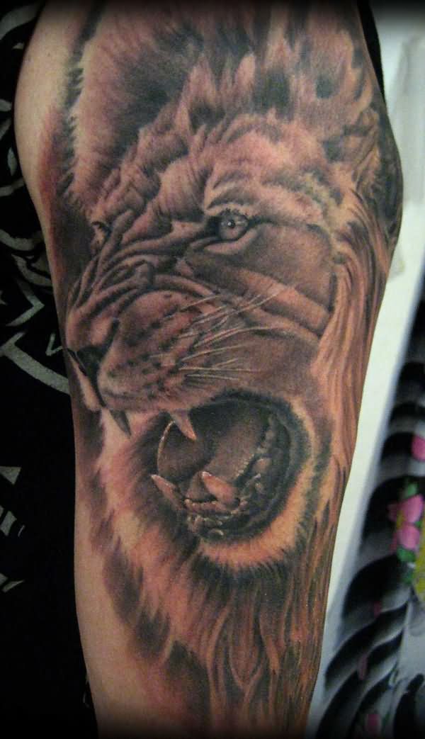 Black Ink Roaring Lion Head Tattoo On Half Sleeve