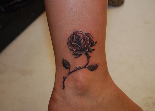 Black Ink Rose Tattoo Design For Ankle