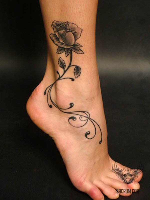 Black Ink Rose Tattoo On Right Ankle
