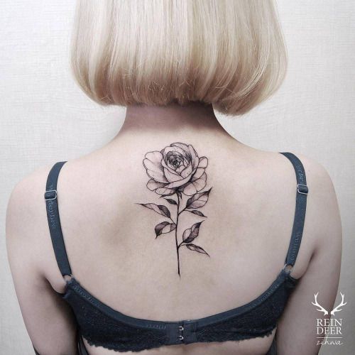 Black Ink Rose Tattoo On Women Upper Back