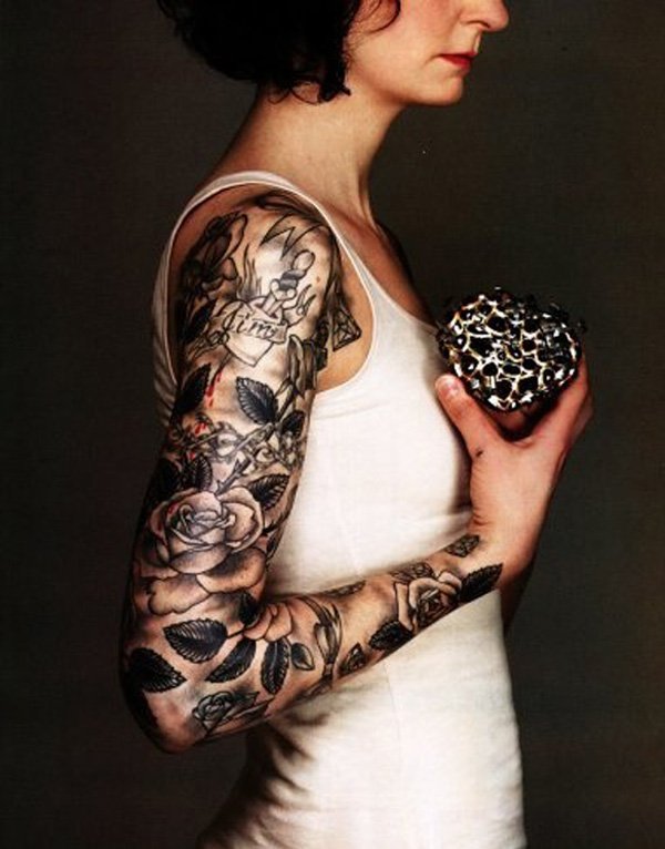 Black Ink Roses Tattoo On Women Right Full Arm