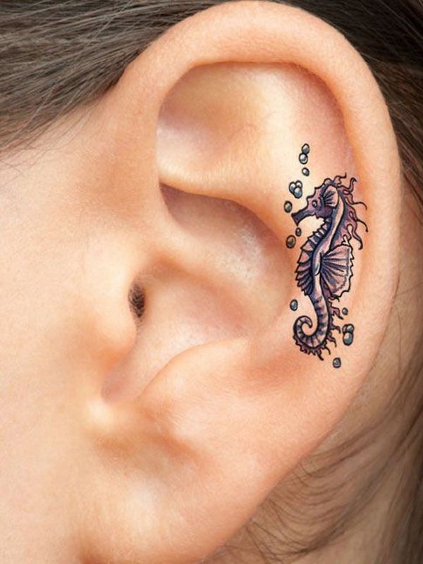 Black Ink Seahorse Tattoo On Girl Left Ear