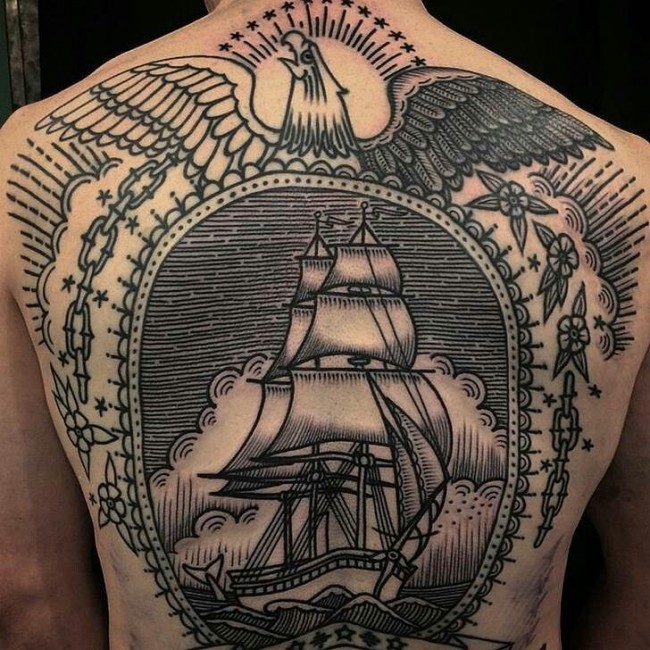 Black Ink Ship In Frame With Eagle Tattoo On Full Back