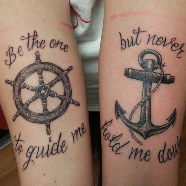 Black Ink Ship Wheel And Anchor Tattoo On Both Forearm