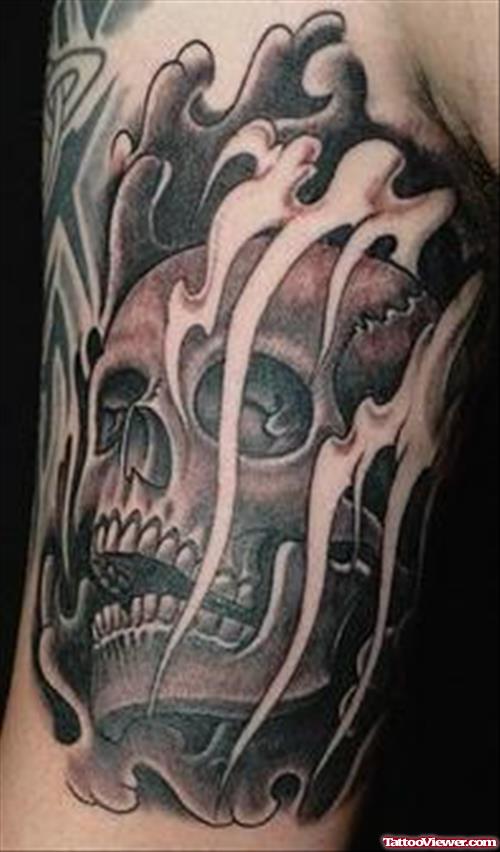 Black Ink Skull In Fire And Flame Tattoo Design For Half Sleeve