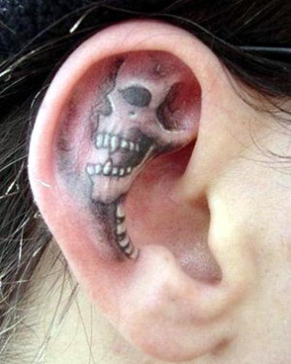 Black Ink Skull Tattoo On Right Ear