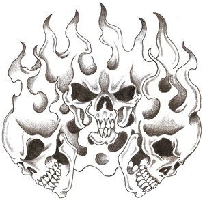 Black Ink Skulls In Fire And Flame Tattoo Design