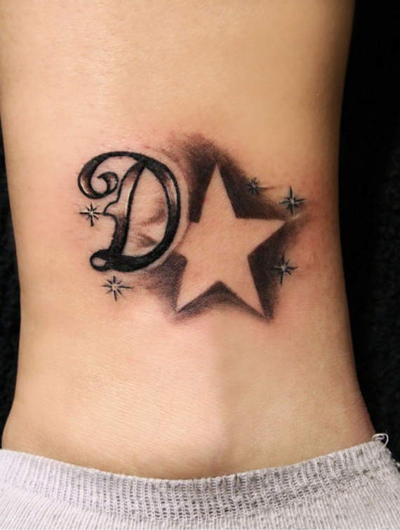 Black Ink Star With D Letter Tattoo Design For Ankle