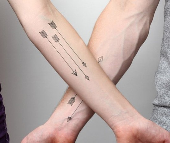 Black Ink Three Arrows Tattoo On Couple Forearm