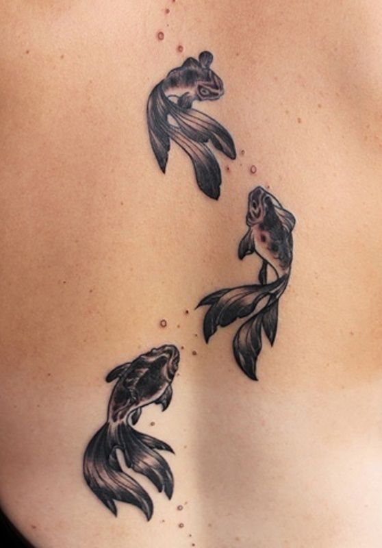 Black Ink Three Fishes Tattoo On Full Back
