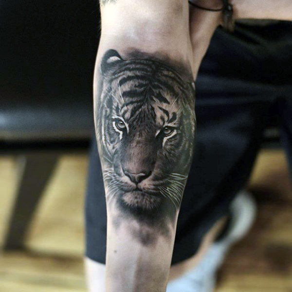 Black Ink Tiger Head Tattoo On Forearm