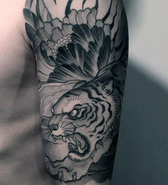 Black Ink Tiger Head Tattoo On Half Sleeve