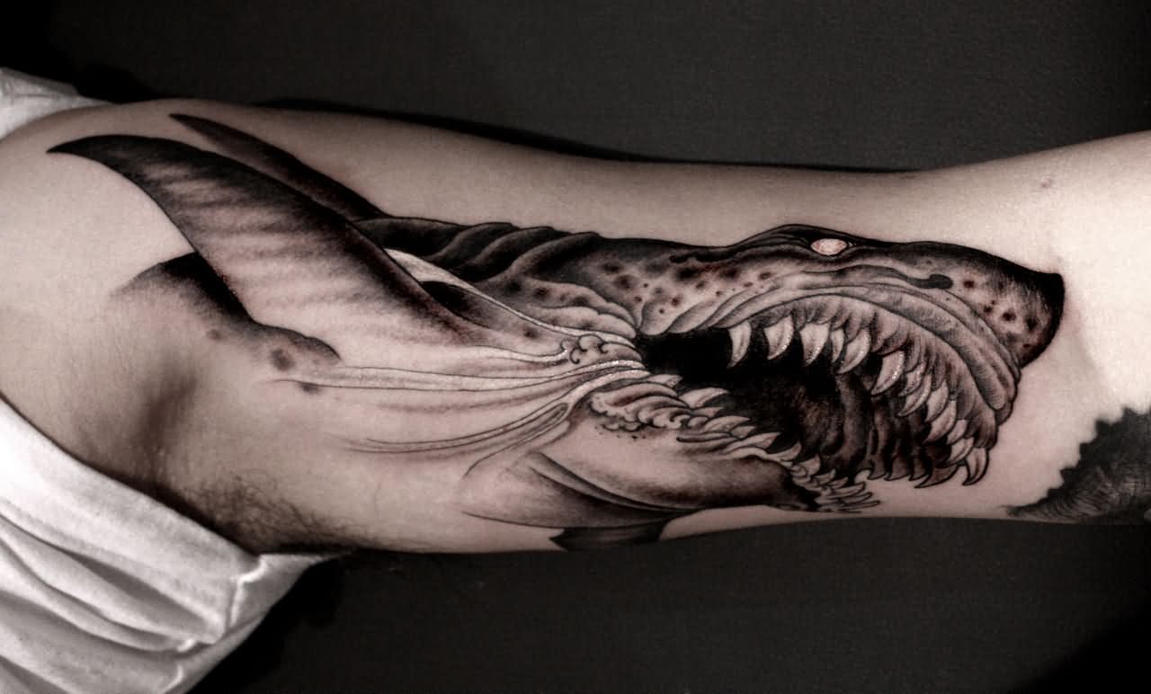 Black Ink Tiger Shark Tattoo On Left Bicep