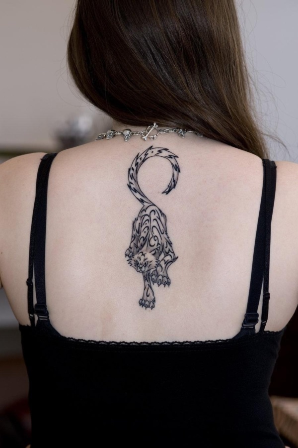 Black Ink Tiger Tattoo On Women Upper Back By DemoraFairy