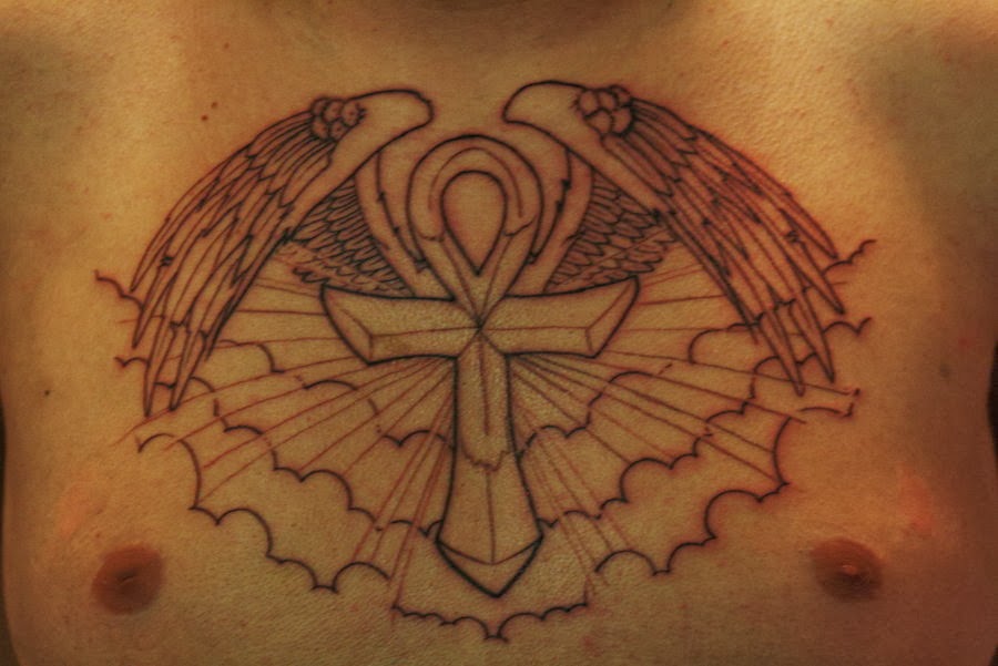Black Outline Ankh With Wings Tattoo On Man Chest