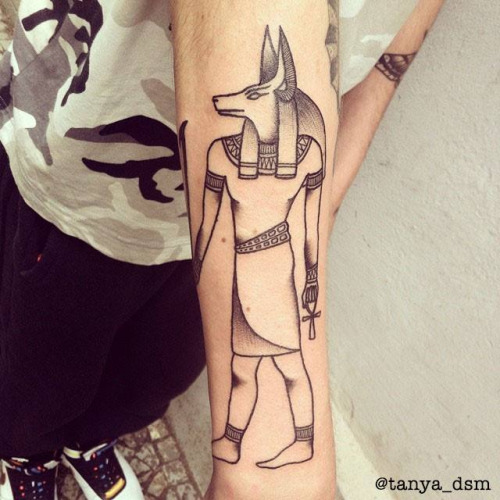 Black Outline Anubis Tattoo On Forearm