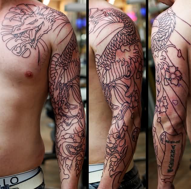 Black Outline Asian Dragon Tattoo On Man Left Full Sleeve