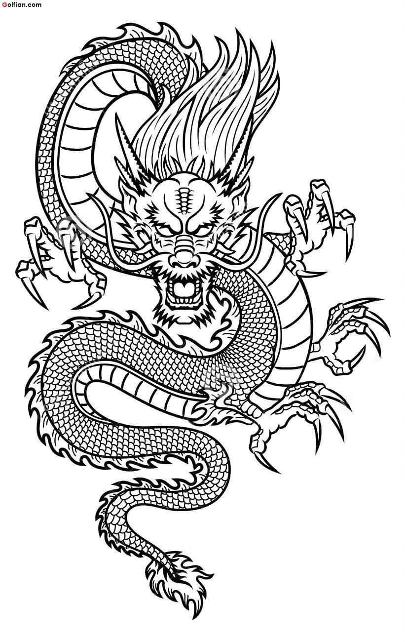 Black Outline Asian Dragon Tattoo Stencil