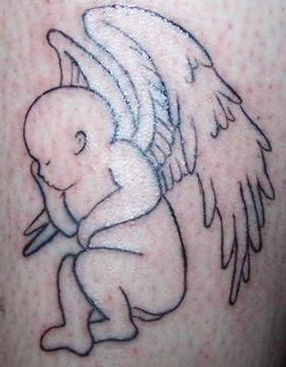 Black Outline Baby Angel Tattoo Design