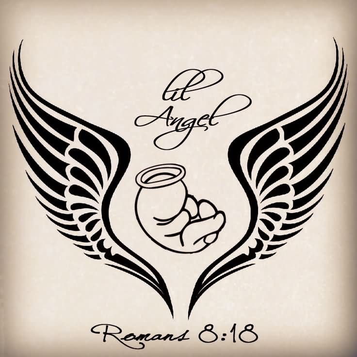 Black Outline Baby Angel With Wings Tattoo Stencil