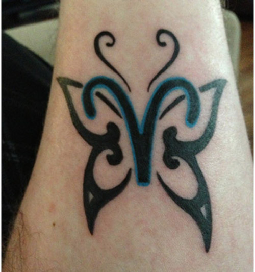 Black Outline Butterfly With Aries Symbol Tattoo Design For Wrist