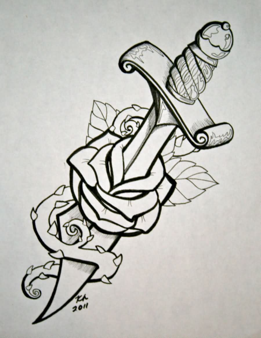 Black Outline Dagger In Rose Tattoo Stencil