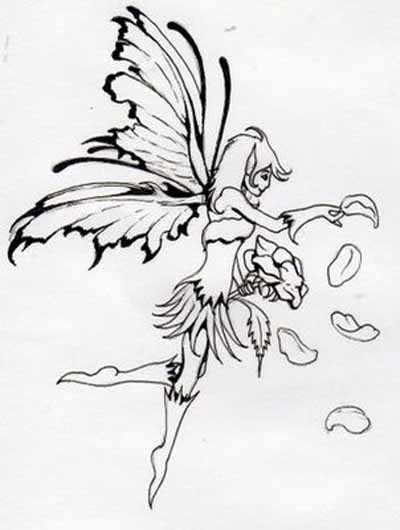 Black Outline Flying Fairy Tattoo Design