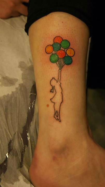 Black Outline Girl With Balloon Tattoo On Right Leg