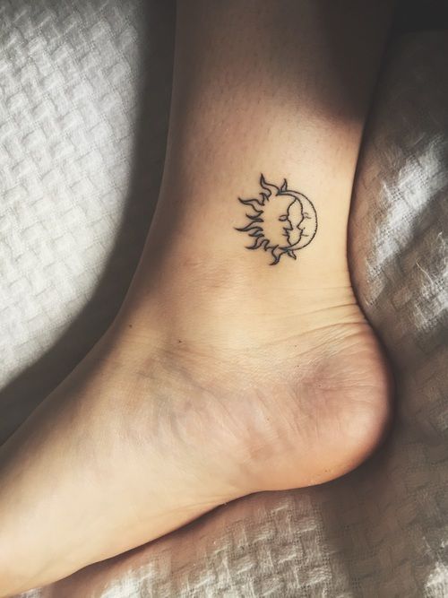 Black Outline Half Moon With Sun Tattoo On Left Ankle