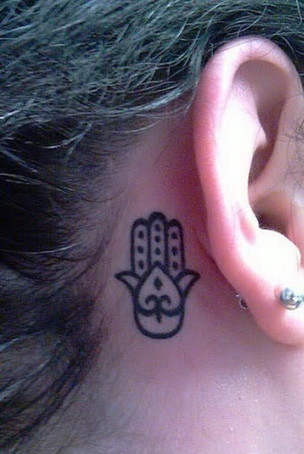 Black Outline Hamsa Hand Tattoo On Right Behind The Ear