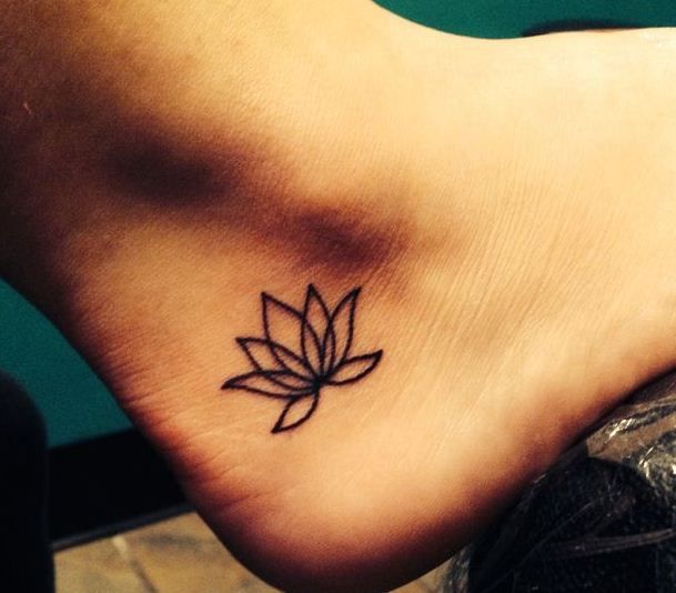 Black Outline Lotus Flower Tattoo On Right Ankle