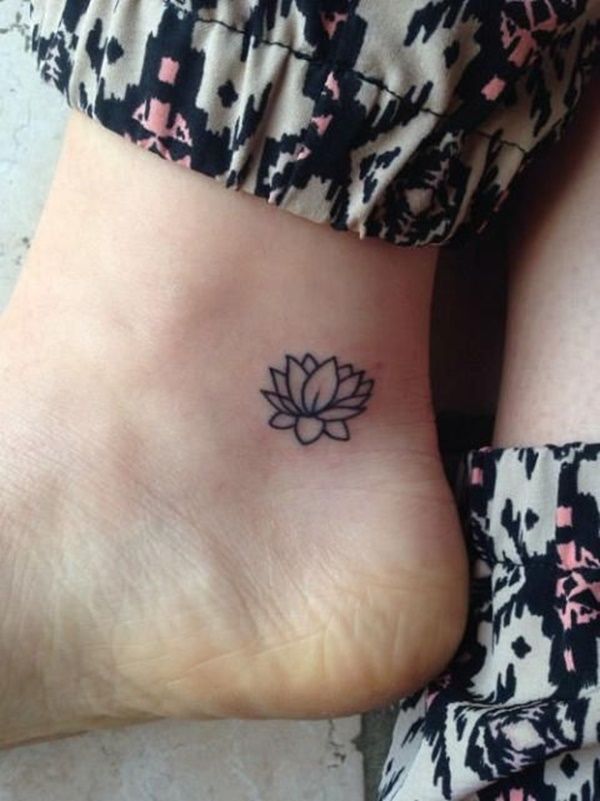 Black Outline Lotus Tattoo On Left Ankle