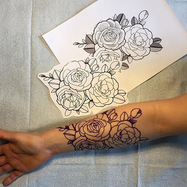 Black Outline Roses Tattoo On Right Forearm By David Brown