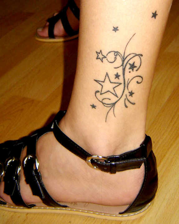 Black Outline Stars Tattoo On Ankle