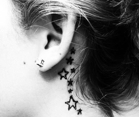 Black Outline Stars Tattoo On Women Left Behind The Ear