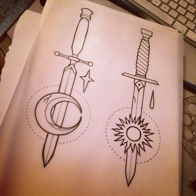 Black Outline Two Dagger With Half Moon And Sun Tattoo Design