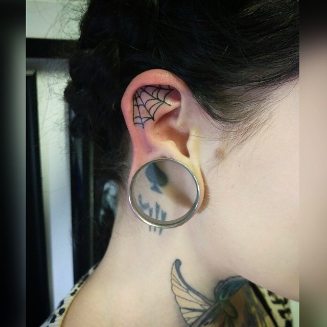 Black Outline Web Tattoo On Girl Right Ear