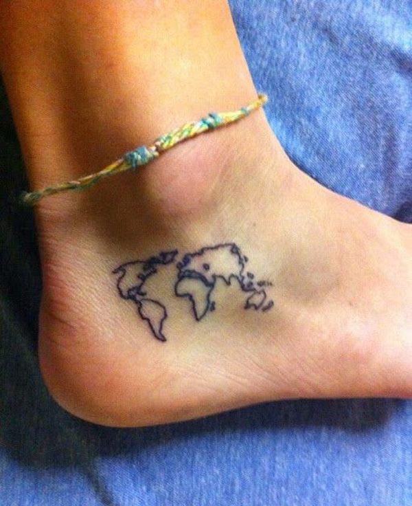 Black Outline World Map Tattoo On Right Ankle
