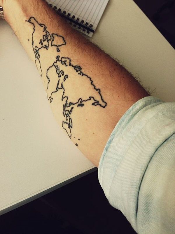 Black Outline World Map Tattoo On Right Forearm