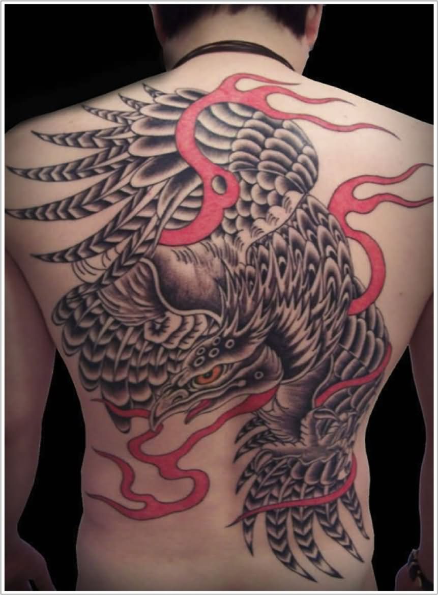 Black Traditional Asian Eagle Tattoo On Full Back